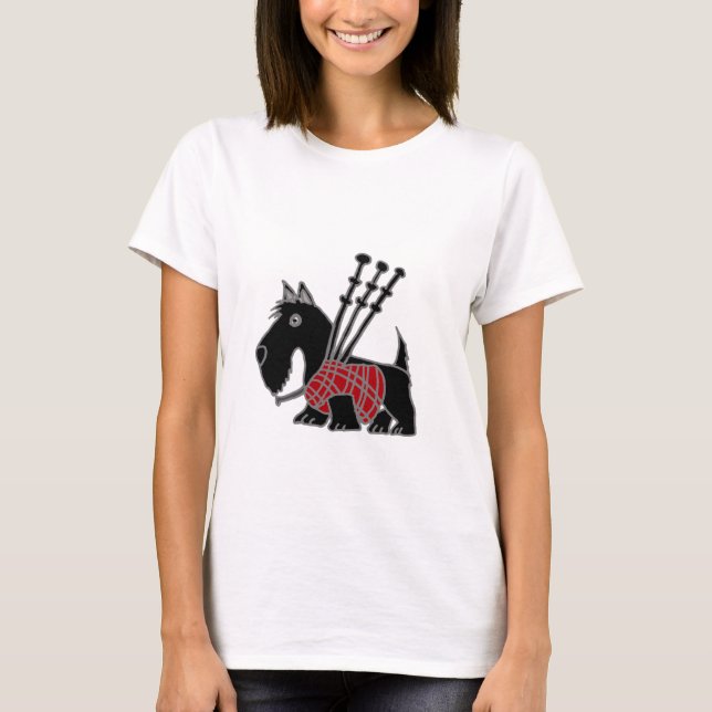 Funny Scottish Terrier puppy dog Playing Bagpipes T-Shirt (Front)
