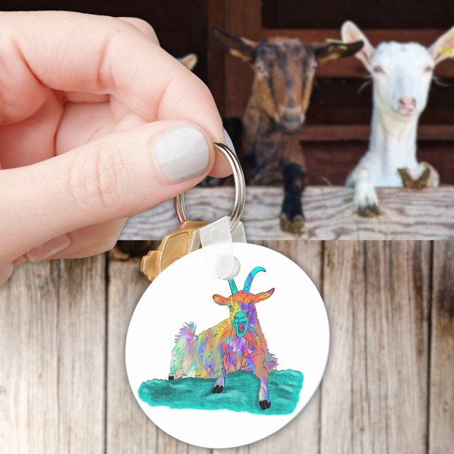Funny Screaming Goat Animal Art Painting Design Keychain (Funny screaming goat colorful farm animal art keyring )
