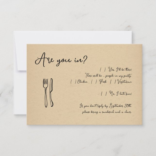 Funny Script Invitation Reply Card Insert - Kraft (Front)