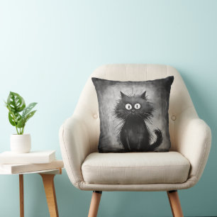 Funny Scruffy Black Cat Throw Pillow
