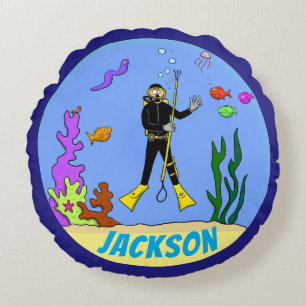 Funny scuba diver and fish cartoon round pillow