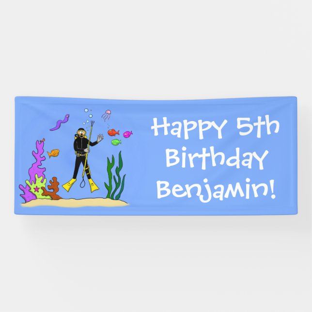 Funny scuba diver and fish sea creatures birthday banner (Horizontal)