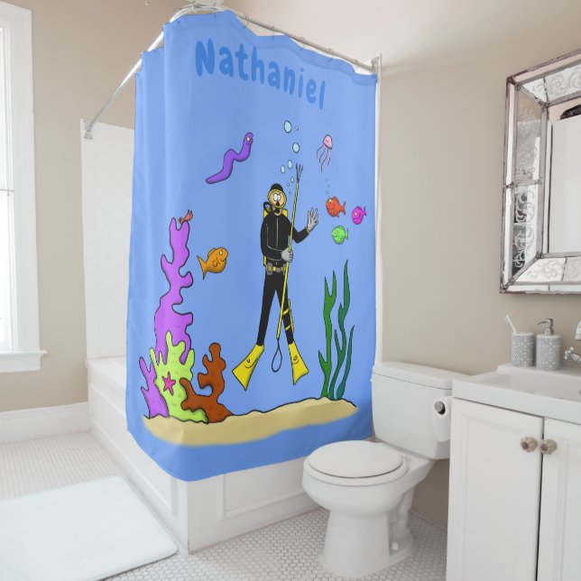Funny scuba diver and fish sea creatures cartoon (In Situ)