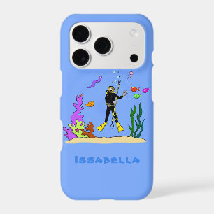 Funny scuba diver and fish sea creatures cartoon