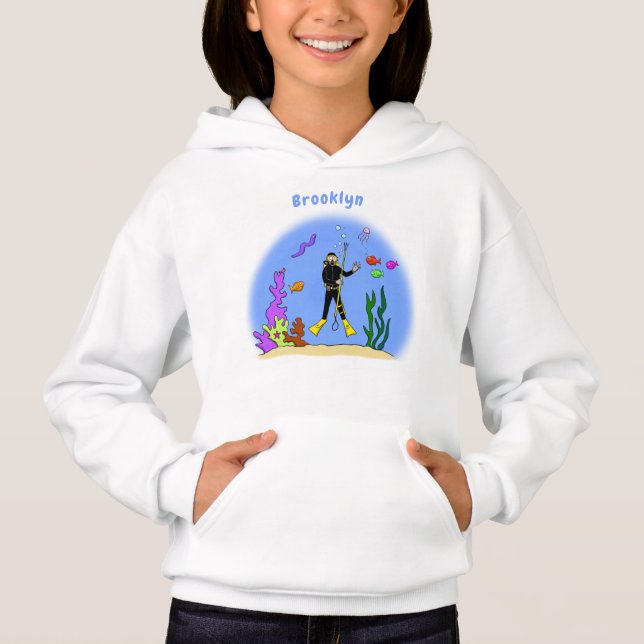 Funny scuba diver and fish sea creatures cartoon  (Front)