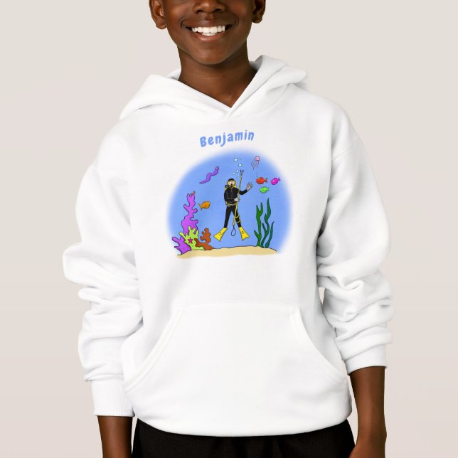 Funny scuba diver and fish sea creatures cartoon (Front)