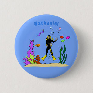 Funny scuba diver and fish sea creatures cartoon 2 inch round button