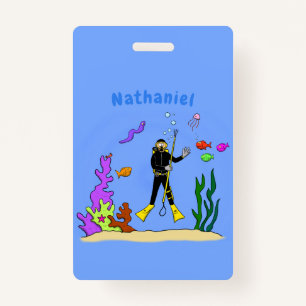 Funny scuba diver and fish sea creatures cartoon badge
