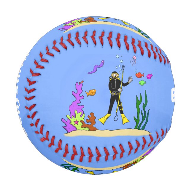 Funny scuba diver and fish sea creatures cartoon baseball (Front Left)