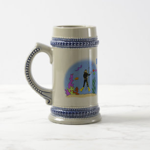 Funny scuba diver and fish sea creatures cartoon beer stein