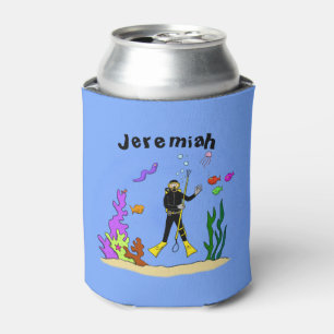 Funny scuba diver and fish sea creatures cartoon can cooler