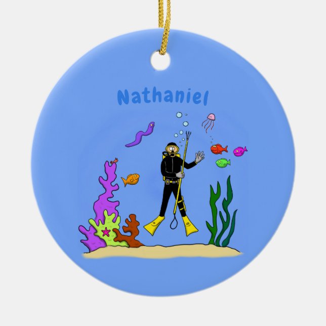 Funny scuba diver and fish sea creatures cartoon ceramic ornament (Front)