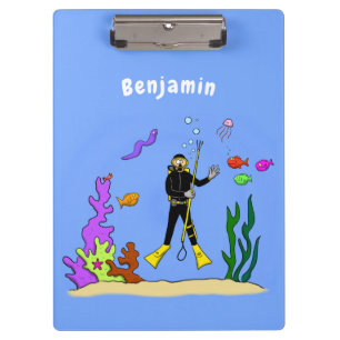 Funny scuba diver and fish sea creatures cartoon clipboard