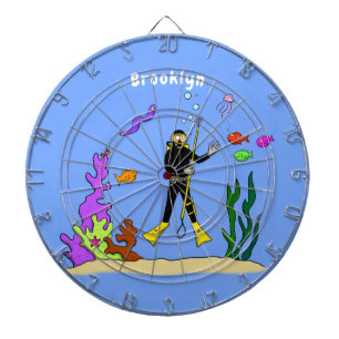 Funny scuba diver and fish sea creatures cartoon dartboard