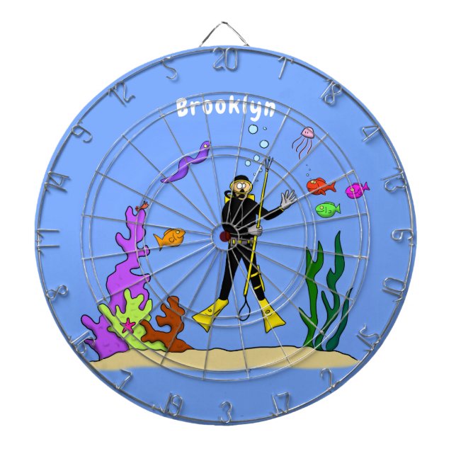 Funny scuba diver and fish sea creatures cartoon dartboard (Front)