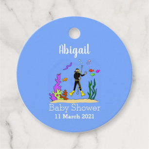 Funny scuba diver and fish sea creatures cartoon favour tags
