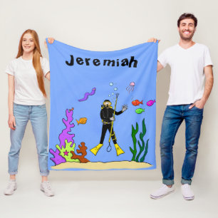 Funny scuba diver and fish sea creatures cartoon fleece blanket