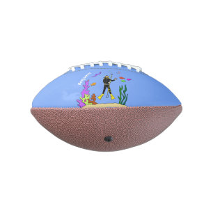 Funny scuba diver and fish sea creatures cartoon football