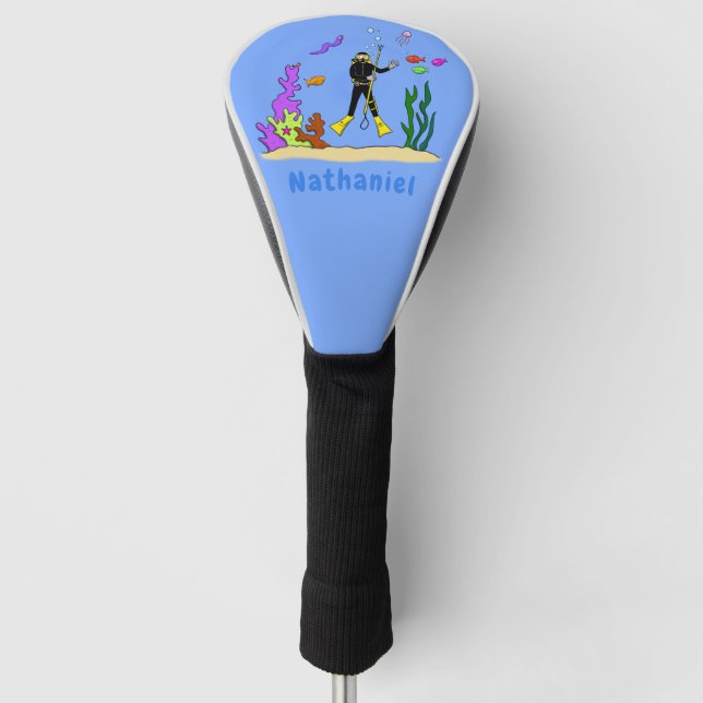 Funny scuba diver and fish sea creatures cartoon golf head cover (Front)