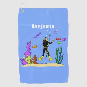 Funny scuba diver and fish sea creatures cartoon  golf towel