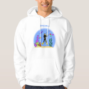 Funny scuba diver and fish sea creatures cartoon hoodie