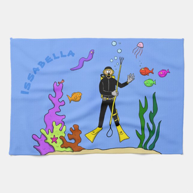 Funny scuba diver and fish sea creatures cartoon kitchen towel (Horizontal)