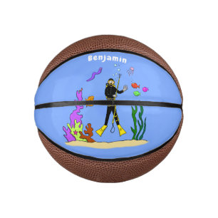 Funny scuba diver and fish sea creatures cartoon mini basketball