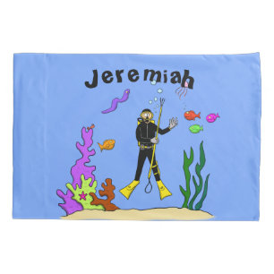 Funny scuba diver and fish sea creatures cartoon pillowcase