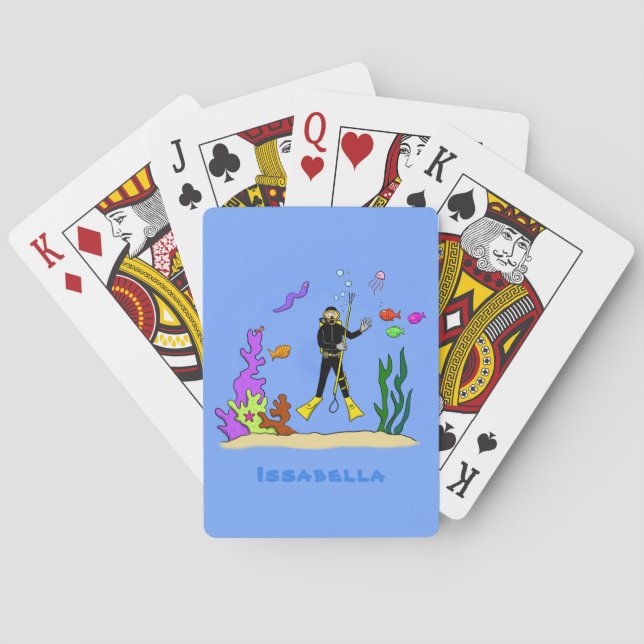 Funny scuba diver and fish sea creatures cartoon playing cards (Back)