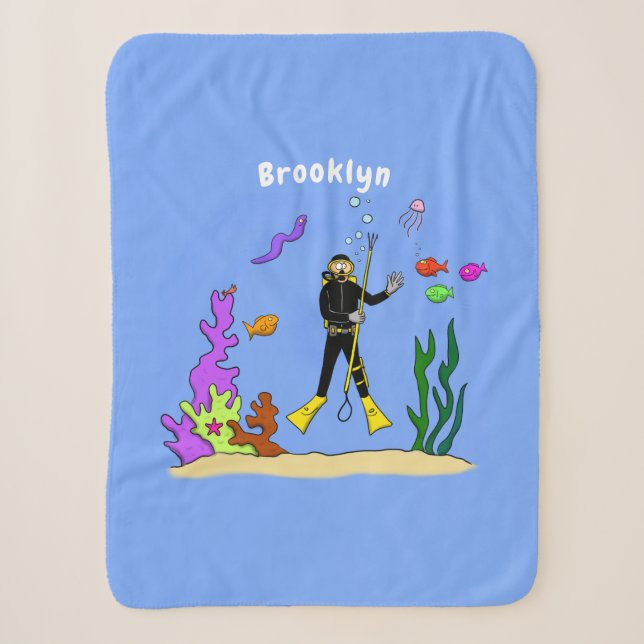 Funny scuba diver and fish sea creatures cartoon sherpa blanket (Front)