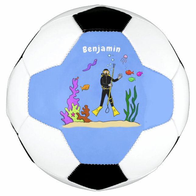 Funny scuba diver and fish sea creatures cartoon soccer ball (Front)