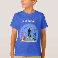 Funny scuba diver and fish sea creatures cartoon
