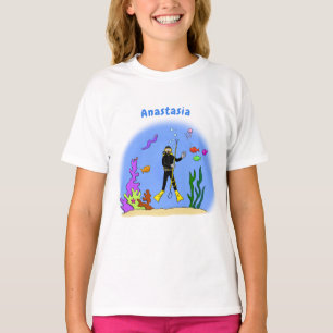 Funny scuba diver and fish sea creatures cartoon T-Shirt
