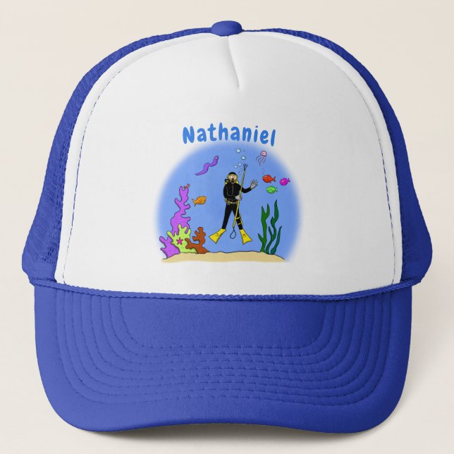 Funny scuba diver and fish sea creatures cartoon trucker hat (Front)