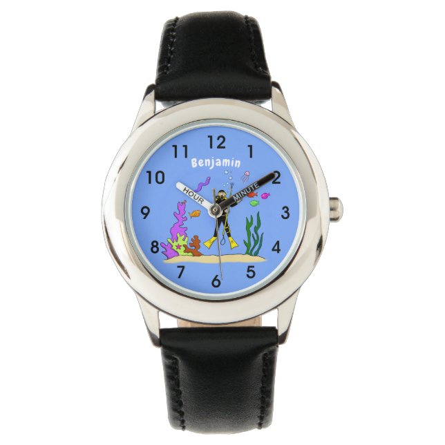 Funny scuba diver and fish sea creatures cartoon  watch (Front)