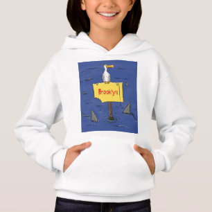 Funny sea bird circled by sharks cartoon