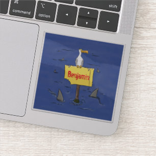 Funny sea bird circled by sharks cartoon