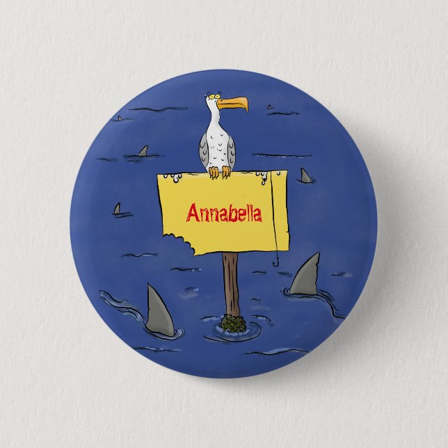 Funny sea bird circled by sharks cartoon 2 inch round button (Front)
