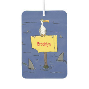 Funny sea bird circled by sharks cartoon  air freshener