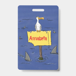 Funny sea bird circled by sharks cartoon badge