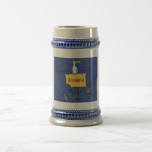 Funny sea bird circled by sharks cartoon beer stein
