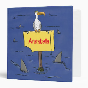 Funny sea bird circled by sharks cartoon binder