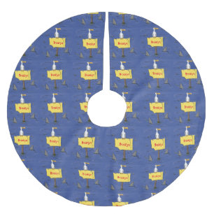 Funny sea bird circled by sharks cartoon brushed polyester tree skirt