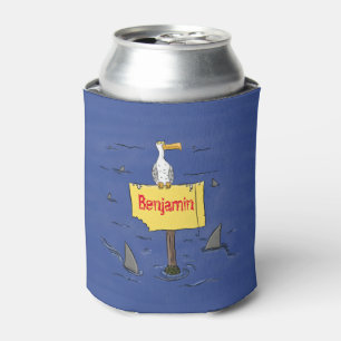 Funny sea bird circled by sharks cartoon can cooler