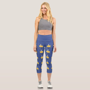 Funny sea bird circled by sharks cartoon capri leggings