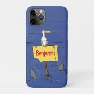 Funny sea bird circled by sharks cartoon iPhone 11 pro case