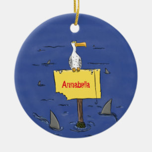 Funny sea bird circled by sharks cartoon ceramic ornament