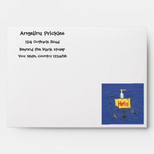 Funny sea bird circled by sharks cartoon envelope