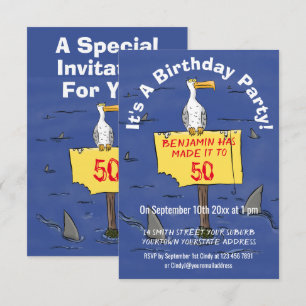 Funny sea bird circled by sharks cartoon invitatio invitation