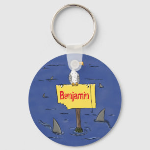Funny sea bird circled by sharks cartoon keychain